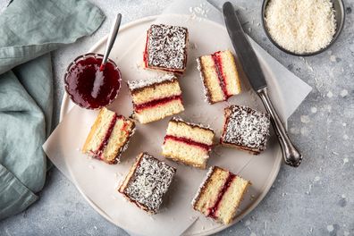 australian lamington cake with raspberry jam, top view
