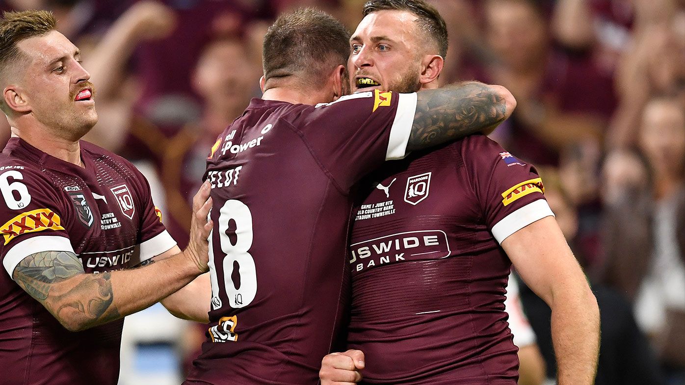 Kurt Capewell of the Maroons celebrates with team mates after scoring a try during game one of the 2021 State of Origin series between the New South Wales Blues and the Queensland Maroons at Queensland Country Bank Stadium on June 09, 2021 in Townsville, Australia. (Photo by Ian Hitchcock/Getty Images)