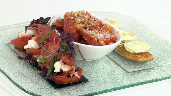 Breakfast tapas - fried chorizo with chick peas and tomatoes