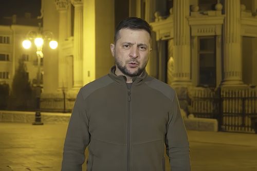 Ukrainian President Volodymyr Zelenskyy speaks from Kyiv, Ukraine, early Saturday, March 18, 2022 in this image from video provided by the Ukrainian Presidential Press Office