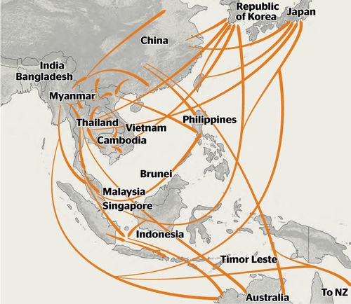 A map showing crystalline methamphetamine trafficking flows in East and South-East Asia.