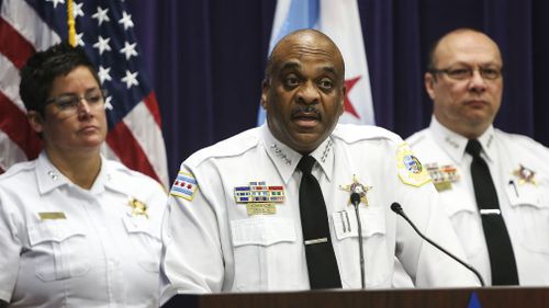 Chicago Police Superintendent Eddie Johnson, center, speaks about the charges against Andrew Warren and Wyndham Lathem on Sunday. (AP)
