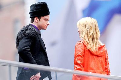 Chris Colfer and Dianna Agron in Times Square.