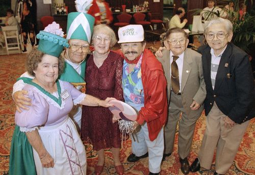 Fellow munchkins Margaret Pellegrini, Clarence Swensen, Ruth Duccini, Jerry Maren, Karl Slover and Mickey Carroll in 1997. Picture: AAP