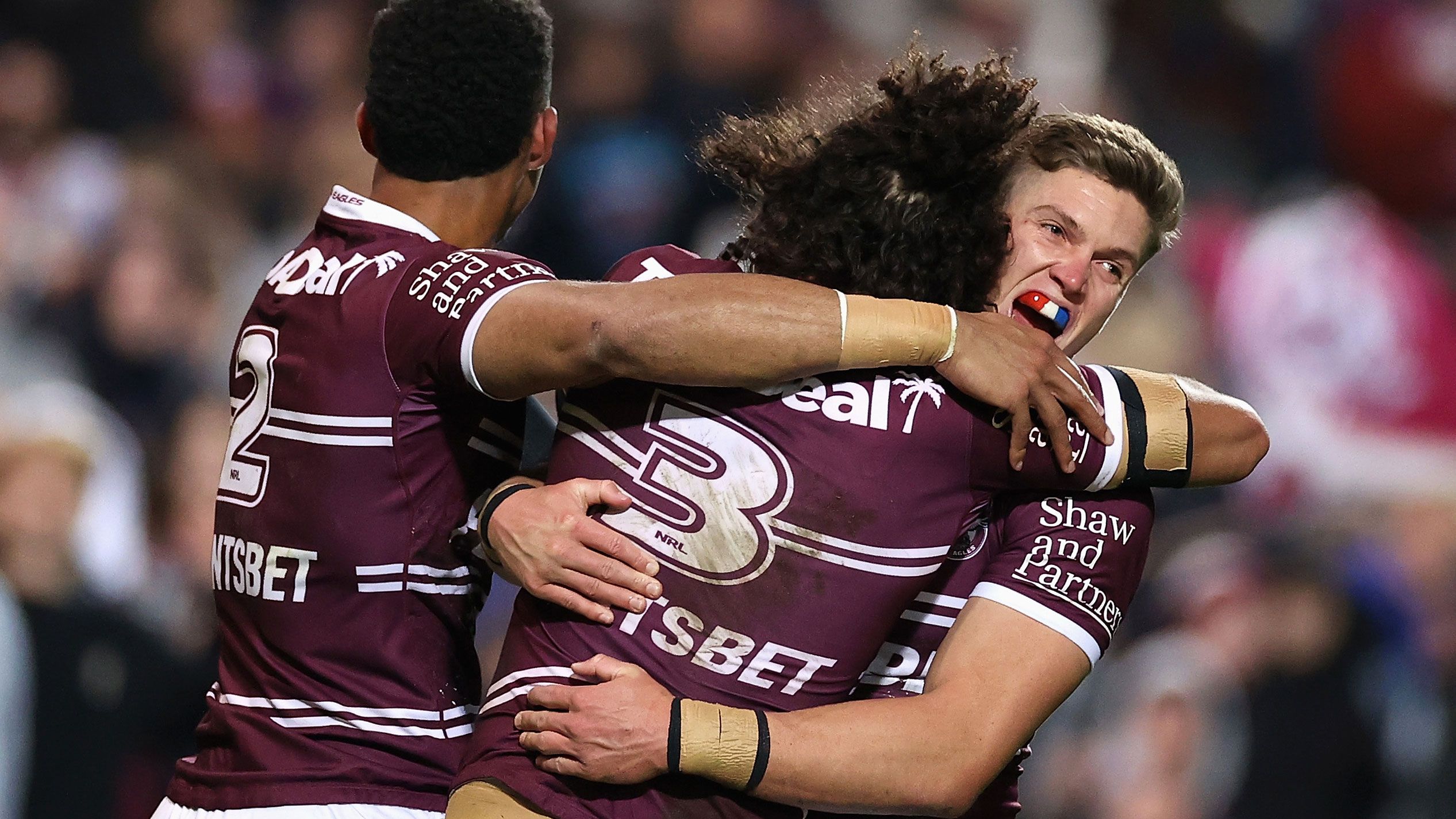 Reuben Garrick of the Sea Eagles celebrates scoring a try during the round 13 against the Warriors at 4 Pines Park.
