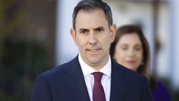 Treasurer Dr Jim Chalmers and Minister for Aged Care and Minister for Sport Anika Wells address the media at a doorstop interview during a visit to Goodwin Village Farrer, in Canberra on Thursday 4 May 2023. fedpol Photo: Alex Ellinghausen