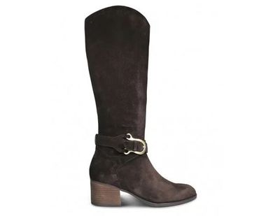 <a href="https://www.wittner.com.au/frann-boot-chocolate.html" target="_blank">Wittner Shoes Frann Chocolate Suede Equestrian Block Heel Knee High Boot in Black Leather, $329.95</a>