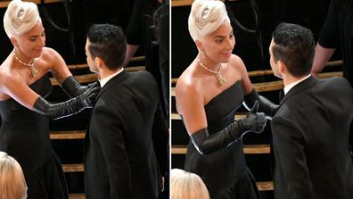 Gaga fixing up Rami Malek's tie at the 2019 oscars