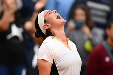 Ons Jabeur of Tunisia celebrates her victory against Camila Osorio.