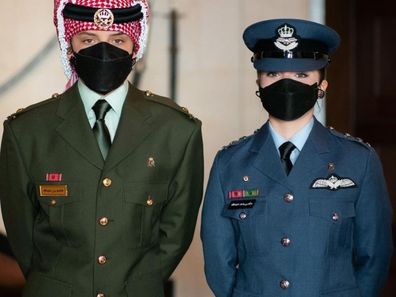 Prince Hashem and Princess Salma  before leaving to attend a celebration marking ⁦‪Jordan‬⁩'s state centennial, held by the Jordan Armed Forces-Arab Army and security agencies.