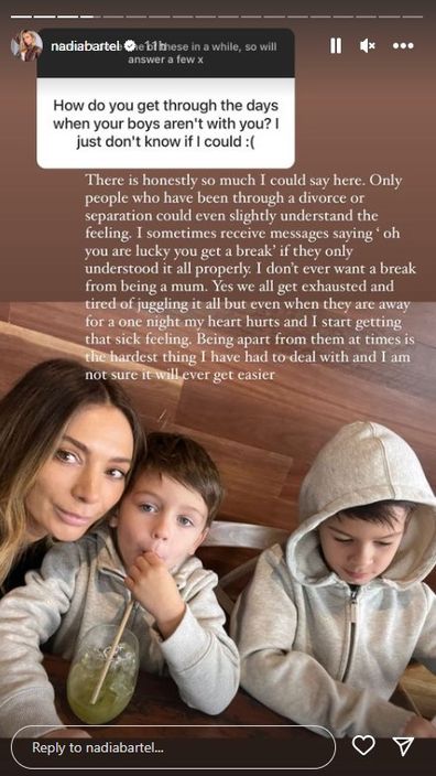 Nadia Bartel Instagram story about co-parenting. 