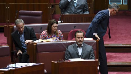 Richard Di Natale leaves the Senate chamber after his suspension.