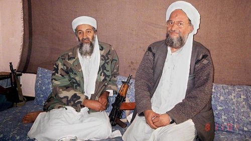 Osama bin Laden sits with his then deputy Ayman al-Zawahiri at an undisclosed location in Afghanistan (AAP)