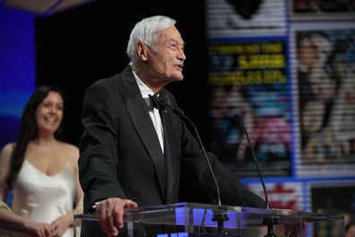 FILE - Roger Corman addresses the audience during the awards ceremony of the 76th international film festival, Cannes, southern France, Saturday, May 27, 2023. Corman, the Oscar-winning King of the Bs who helped turn out such low-budget classics as Little Shop of Horrors and Attack of the Crab Monsters and gave many of Hollywood's most famous actors and directors an early break, died Thursday, May 9, 2024. He was 98. (AP Photo/Daniel Cole, File)