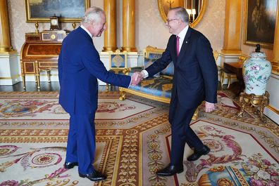 King Charles III hosts an Audience with the Australian Prime Minister Anthony Albanese at Buckingham Palace on May 2, 2023 in London 