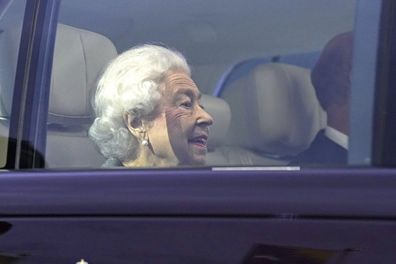 Britain's Queen Elizabeth II arrives for the A Gallop Through History Platinum Jubilee celebration, at the Royal Windsor Horse Show at Windsor Castle, England, Sunday May 15, 2022.