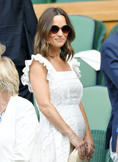Pippa Middleton Matthews in a bespoke&nbsp;white Broderie Anglaise Bergman dress&nbsp;by designer Anna Maso,&nbsp;at Wimbledon, July, 2018