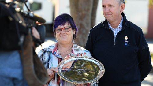 Winx owner co owners Debbie Kepitis (Left) and Peter Tighe address the media outside the Chris Waller Stables at Flemington Racecourse in Melbourne today. (AAP)