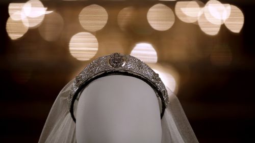 The tiara, loaned by Britain's Queen Elizabeth II, which held the five-meter-long veil in place with the wedding dress that Meghan wore on her wedding day.