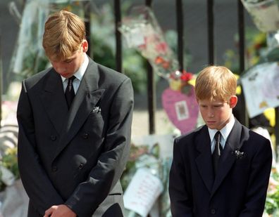 Prince William and Prince Harry at Diana's funeral in 1997.