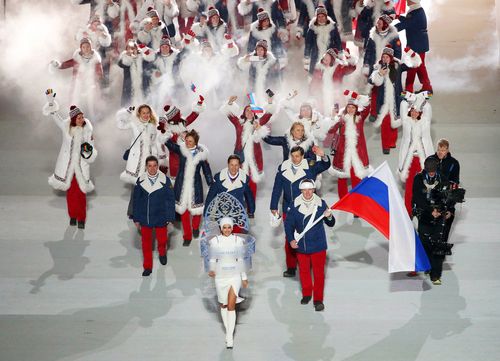 Russian athletes march at the 2014 Sochi Winter Games. (AAP)