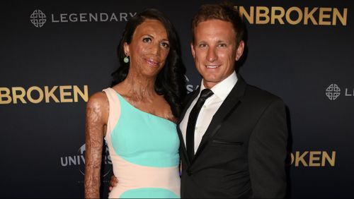 Turia Pitt and Michael Hoskin at the premiere of Angelina Jolie's film Unbroken. (AAP)