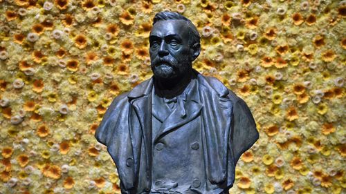 FILE - In this Monday, Dec. 10, 2018 file photo, a bust of the Nobel Prize founder, Alfred Nobel on display at the Concert Hall during the Nobel Prize award ceremony in Stockholm. This years Nobel season approaches as Russias invasion of Ukraine has shattered decades of almost uninterrupted peace in Europe and raised the risks of a nuclear disaster. The famously secretive Nobel Committee never leaks or hints who will win its prizes for medicine, physics, chemistry, literature, economics or peace