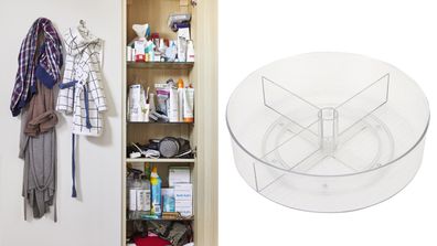 An unorganised bathroom cabinet and a lazy susan from Kmart