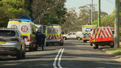 Emergency services on the street in the NSW Blue Mountains where the children were found.