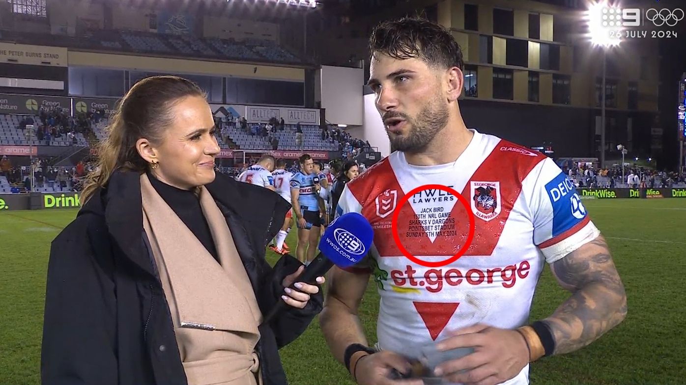 A spelling error was discovered on Jack Bird&#x27;s commemorative jersey for his 150th NRL game.