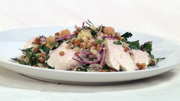 Chickpea & lentil tabouhli salad with poached chicken