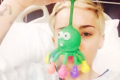 Miley also jumped on the 'hospital selfie' bandwagon, posting this after falling ill on her tour.