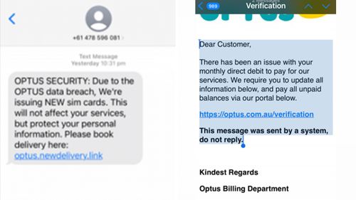 Scamwatch shared these two separate examples of scams following the Optus cyberhack. Correspondence about sim cards should be deleted, and any correspondence about bill "issues" treated with a high level of caution.