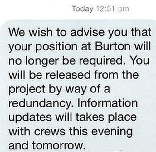 A text message sent to workers at Burton Mine notifying them that their services were no longer required.