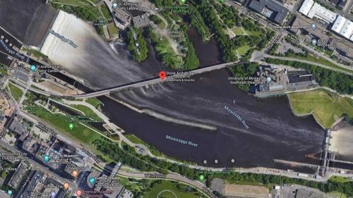 Map of Mississippi River near the Stone Arch Bridge where a man fell partly through the ice.