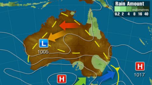 Sunday: A broad region of low pressure across the NT, QLD and NSW could produce widespread showers and thunderstorms. Another trough in the west may also generate thunderstorms while directing warm air to the south. A high is bringing settled conditions for SA. (Weatherzone)