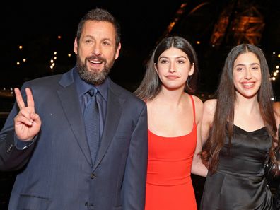 Adam Sandler, Sunny Sandler, Sadie Madison Sandler, guest and Jackie Sandler attends the "Murder Mystery 2" photocall in 2023 in Paris, France.