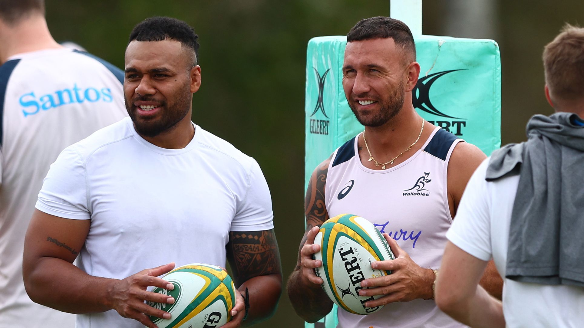 Samu Kerevi and Quade Cooper (right) during the recent Wallabies training camp at Sanctuary Cove.