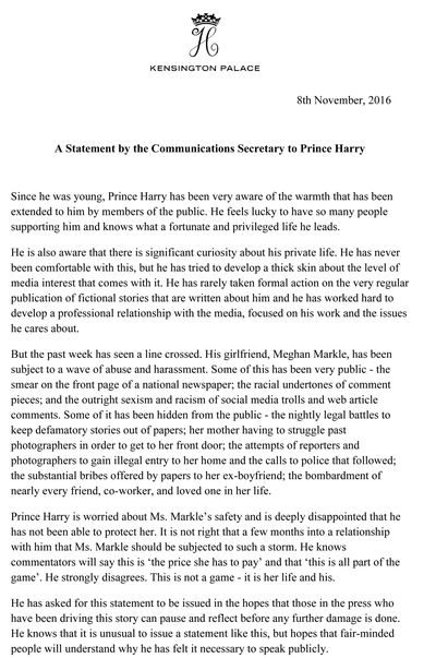 Prince Harry and Meghan Markle relationship: November 8, 2016