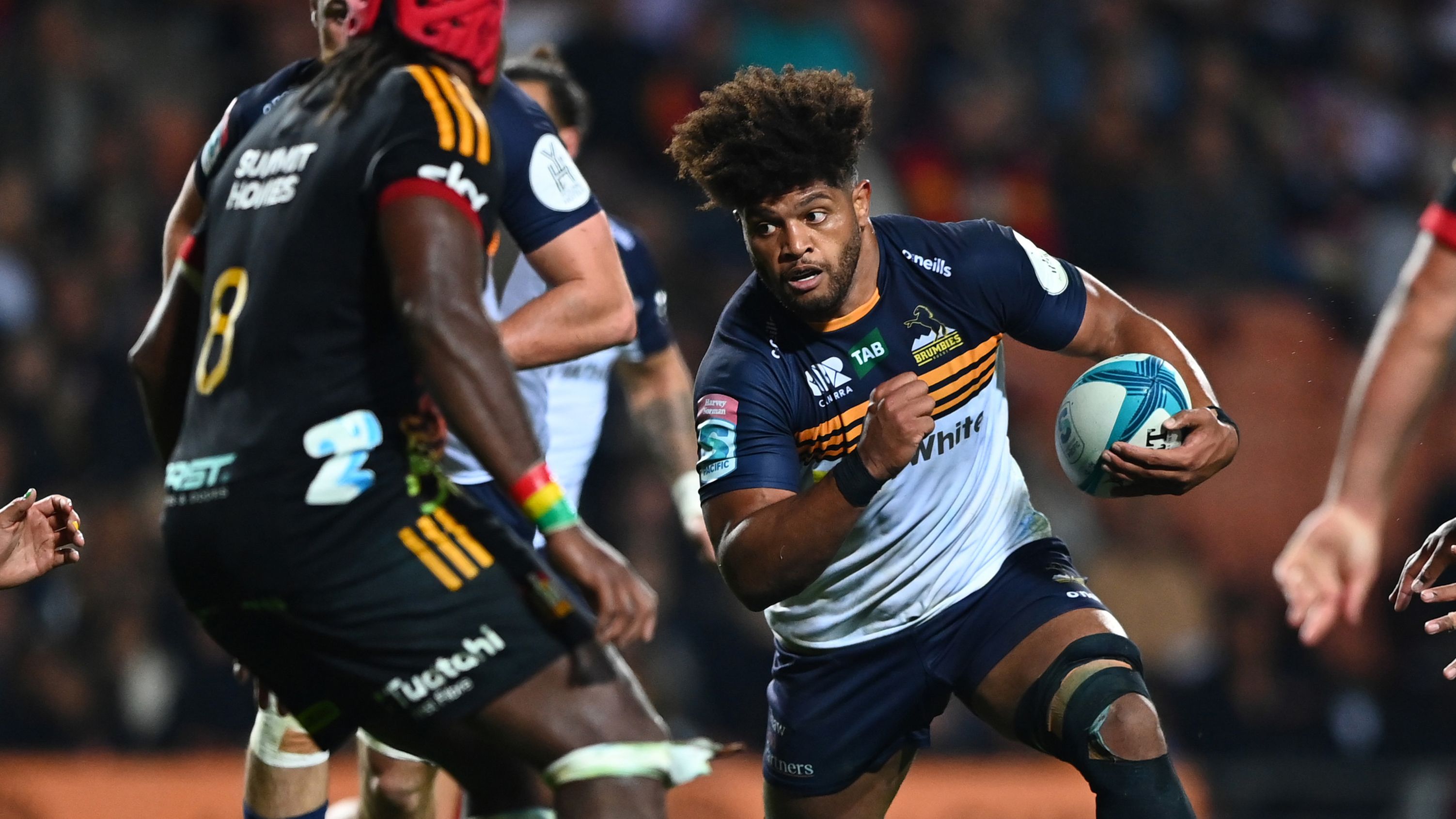 Rob Valetini of the Brumbies charges forward during the round 12 Super Rugby Pacific against the Chiefs. 