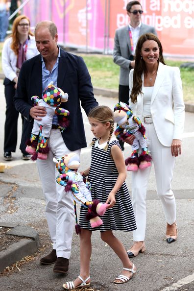 Kate Middleton, Duchess of Cambridge and Prince William, Duke of Cambridge and Princess Charlotte of Cambridge leave the Women's Hockey Group Stage games on day five of the Birmingham 2022 Commonwealth Games at University of Birmingham Hockey & Squash Centre on August 02, 2022 on the Birmingham, England 