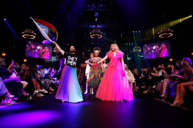 MELBOURNE, AUSTRALIA - NOVEMBER 15: Models walk the runway in the finale during the Plaza Ballroom Runway at Regent Theatre on November 15, 2021 in Melbourne, Australia. (Photo by Daniel Pockett/Getty Images)