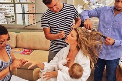 And Gisele proves she has the biggest glam sqaud, with hair, nails and make-up being touched up as she, erm, breastfeeds.