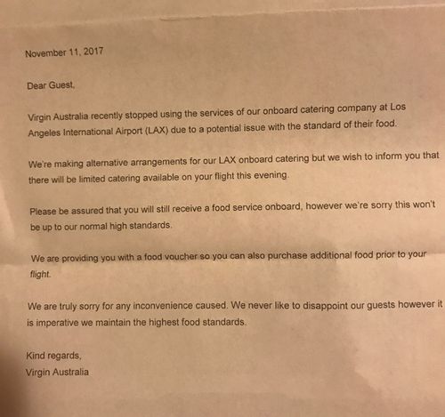 A copy of the letter given to all Virgin Australia passengers flying out of Los Angeles because of the Gate Gourmet listeria scare. (Nine.com.au)