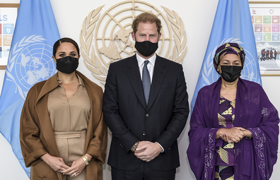 US Deputy Secretary-General Amina Mohammed, right, Meghan Markle, left, and Prince Harry stand together for a photo during a visit to UN headquarters