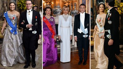 Crown Princess Victoria and Prince Daniel (left); Queen Silvia, Brigitte Macron and French President Emmanuel Macron  (centre) and Princess Sofia and Prince Carl Philip (right)