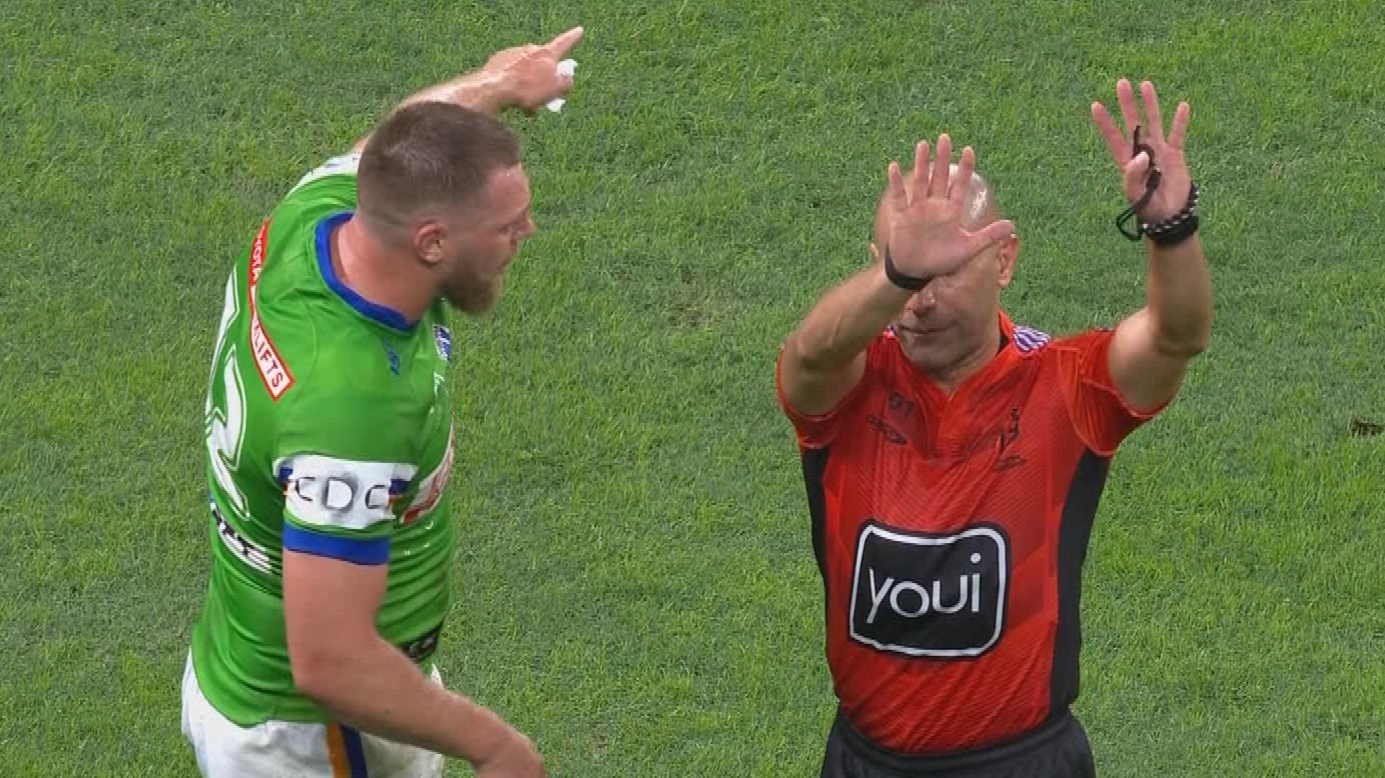 Jordan Rapana is sent to the sin bin for a professional foul.