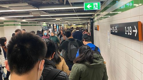 Long lines at Central Station as trains are delayed.