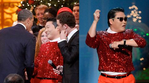 Christmas Style: Psy meets President Obama dressed like a Christmas ornament