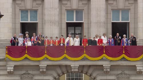 The royal family on the balcony of Buckingham Palace following the coronation of King Charles III.